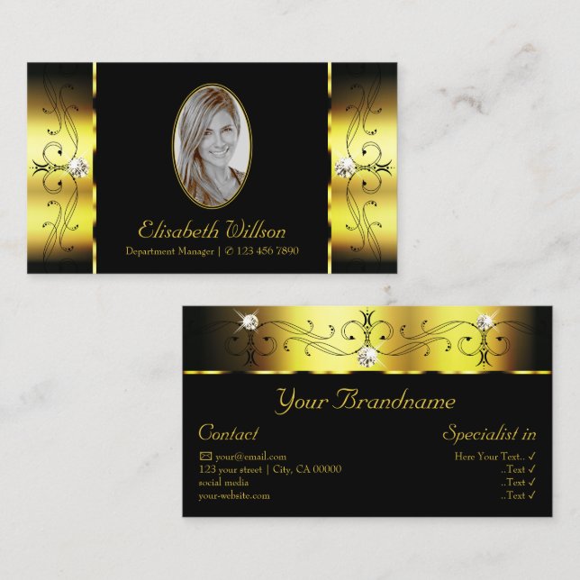 Carte De Visite Bijoux glacé noir or glacé avec photo (Devant / Derrière)
