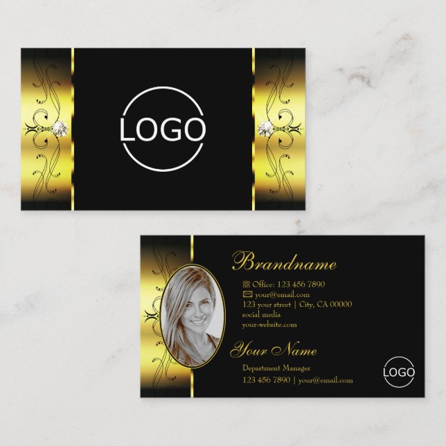 Carte De Visite Bijoux glacés Noir Or glacé Logo & Photo (Devant / Derrière)