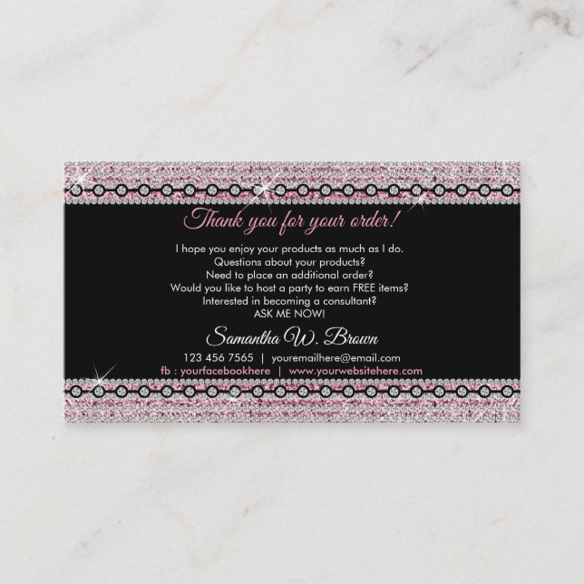 Carte De Visite Bijoux Parties scintillant Diamants Roses Merci Po (Devant)