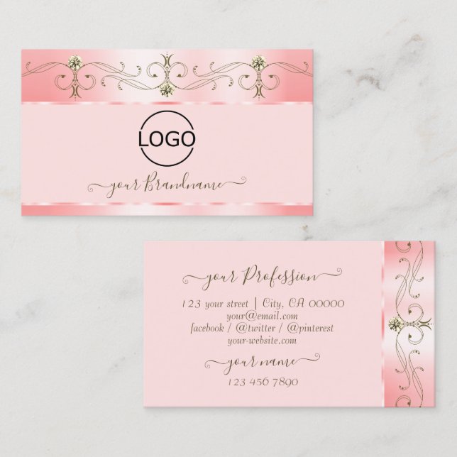 Carte De Visite Bijoux Rose rose orné de luxe avec logo (Devant / Derrière)