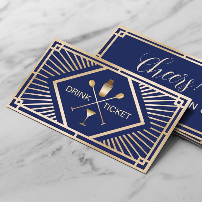Carte De Visite Billet boisson Modern Navy & Gold Free Drink Vouch (Créateur téléchargé)