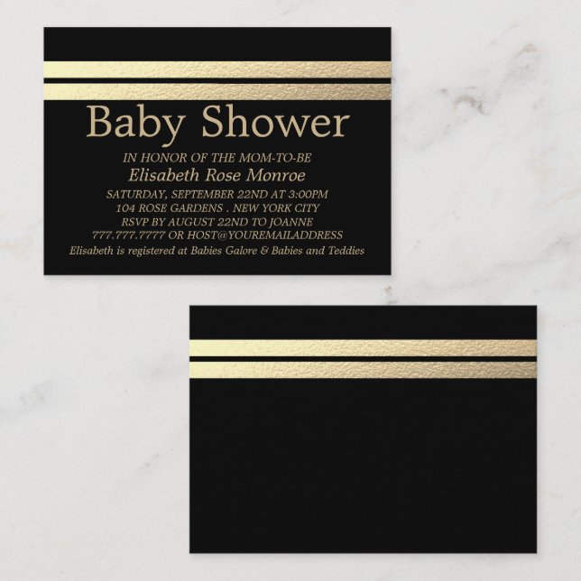 Carte De Visite Billet Chic Gold Foil, Billet Baby shower noir (Devant / Derrière)