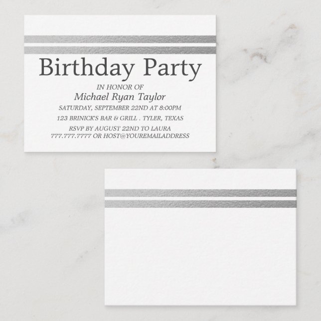 Carte De Visite Billet de fête d'anniversaire Chic Silver Foil Str (Devant / Derrière)