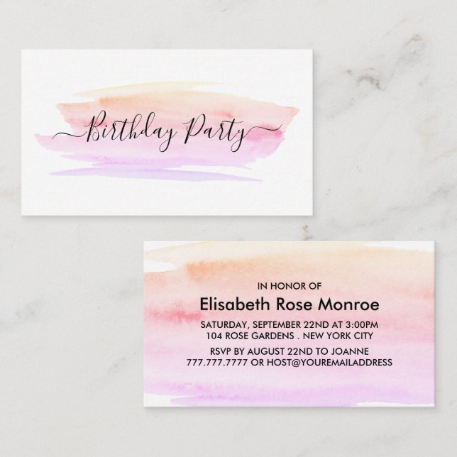 Carte De Visite Billet de fête d'anniversaire d'aquarelle (Devant / Derrière)