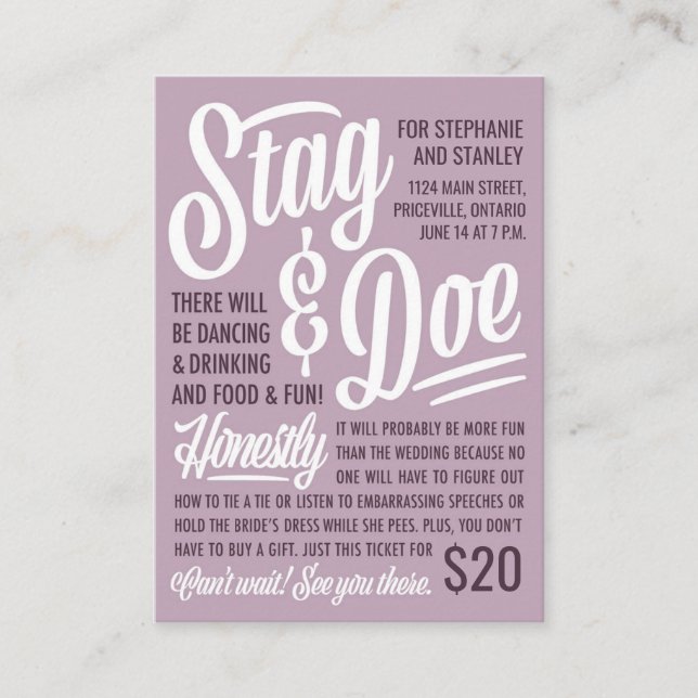 Carte De Visite Billet de soirée Stag & Doe honnête (Devant)
