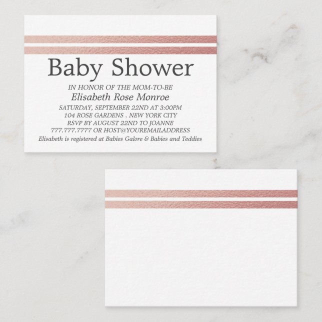 Carte De Visite Billet rose Gold Foil Stripes, Baby shower blanc (Devant / Derrière)