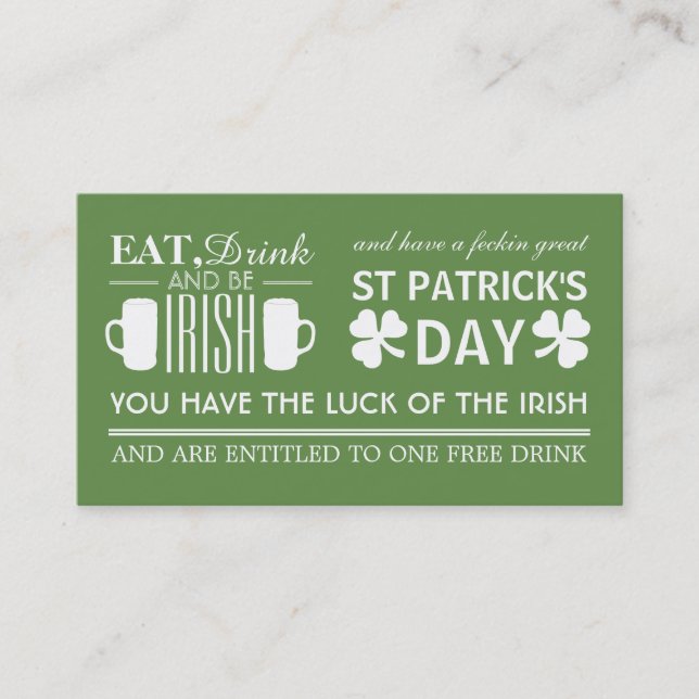 Carte De Visite Billet shamrock & bière irlandais St Patrick's Dri (Devant)