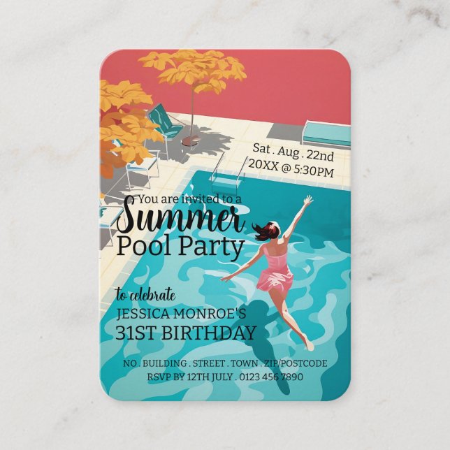 Carte De Visite Billets de remise d'anniversaire de la piscine des (Devant)