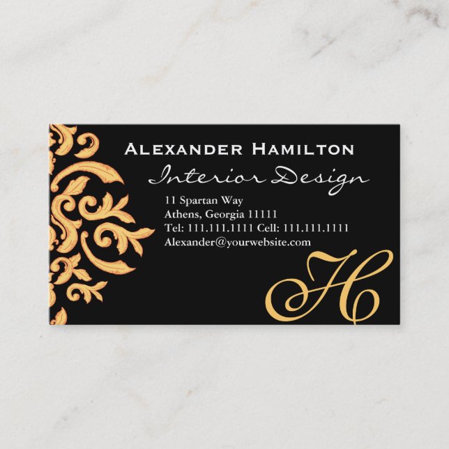 Carte De Visite Black and Gold Elegant Baroque Damask pour lui (Devant)