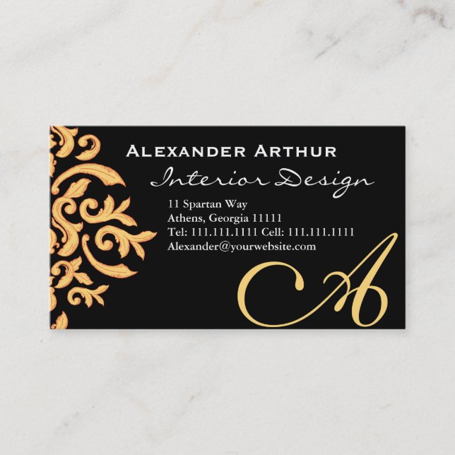 Carte De Visite Black and Gold Elegant Baroque Damask pour lui (Devant)