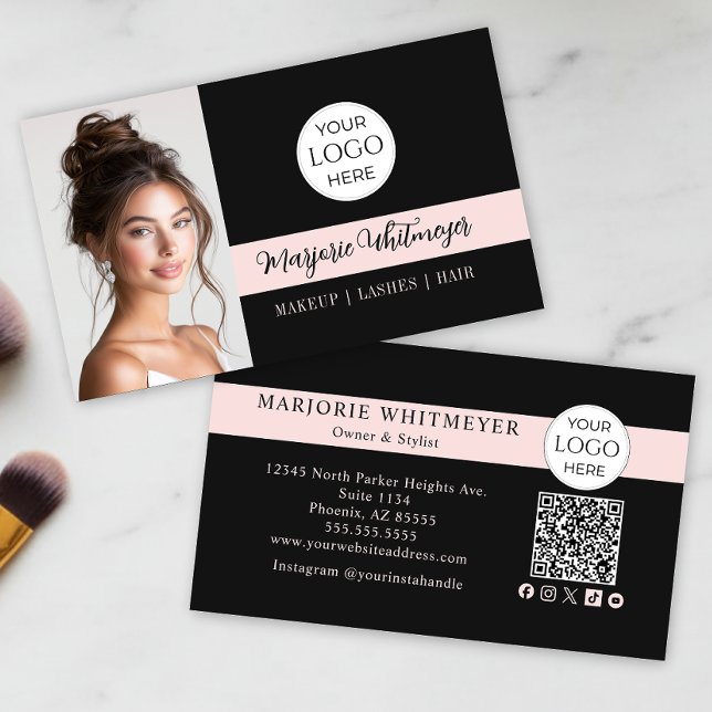 Carte De Visite Black and Pink Script Logo QR Code Photo Makeup (ultra modern black blush pink script photo makeup business card with logo qr code social icons)