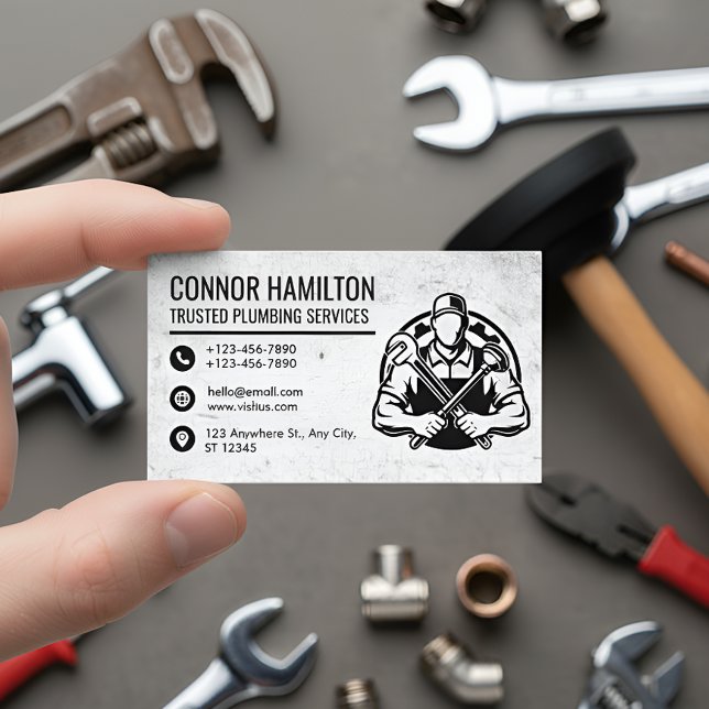 Carte De Visite Black and White Plumber Illustration (Créateur téléchargé)