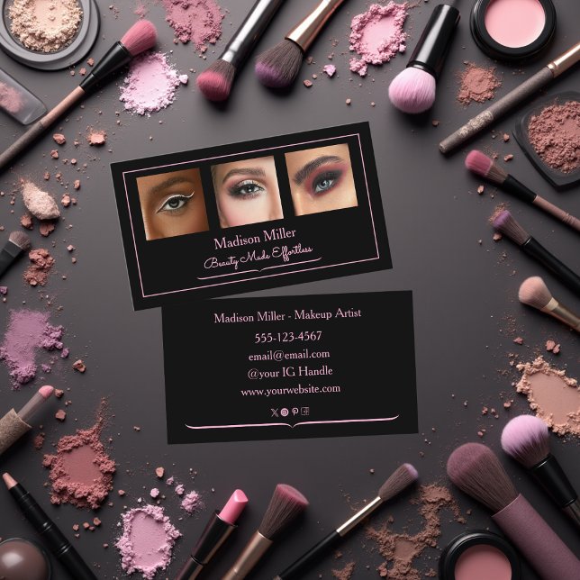 Carte De Visite Black Blush Pink Typography Photo Makeup Business (Créateur téléchargé)