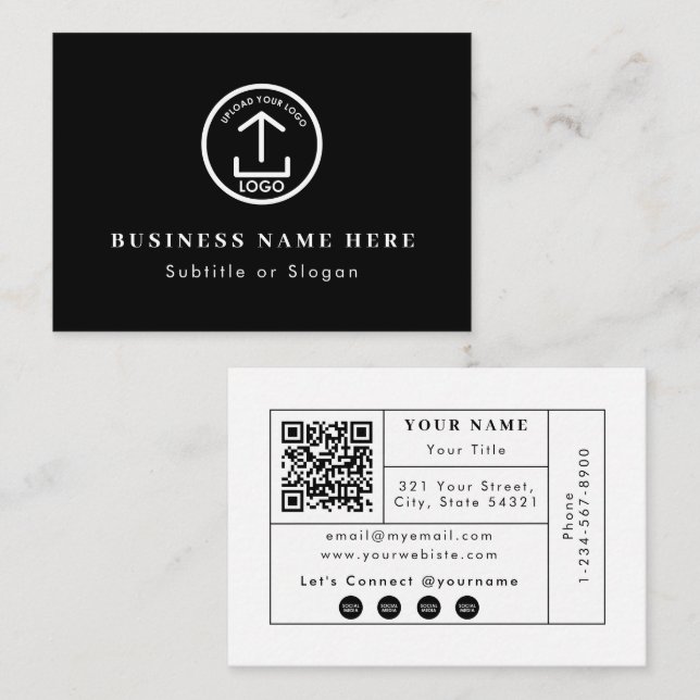 Carte De Visite Black Business Logo QR Code Social Media Contact (Devant / Derrière)
