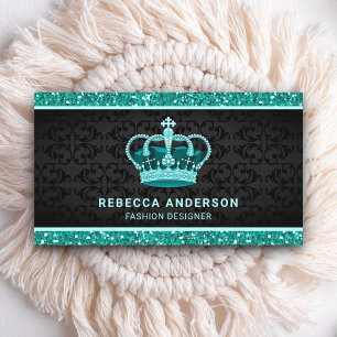 Carte De Visite Black Damask Faux Turquoise Monnaie Parties scinti
