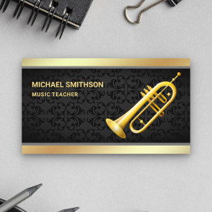Carte De Visite Black Damask Gold Foil Trumpet Music Teacher