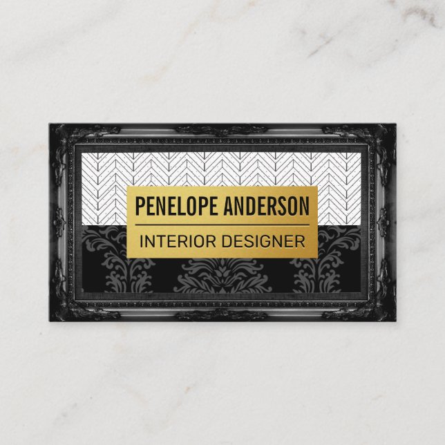 Carte De Visite Black Damask Gold Metal | Cadre classique (Devant)
