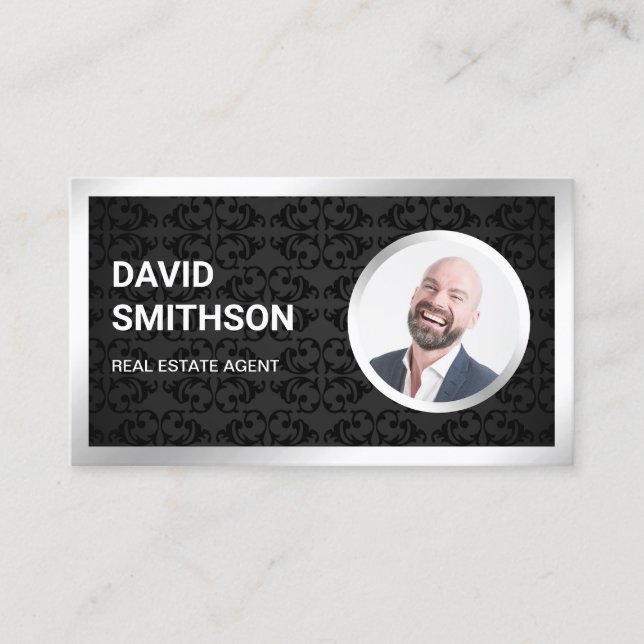 Carte De Visite Black Damask Steel Silver Photo Real Agent (Devant)