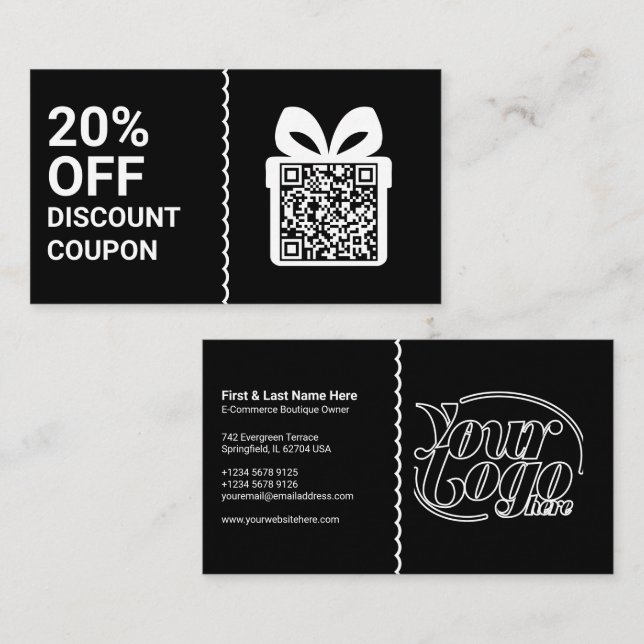 Carte De Visite Black Discount Coupon QR Code Marketing (Devant / Derrière)