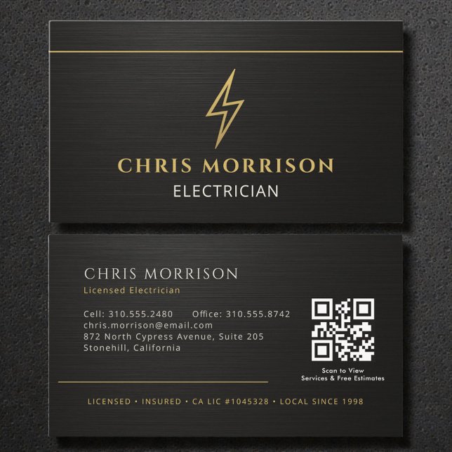 Carte De Visite Black Electrician Metallic QR Code (Créateur téléchargé)