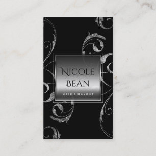 Carte De Visite Black & Faux Silver Glass Floral Swirl Élégant