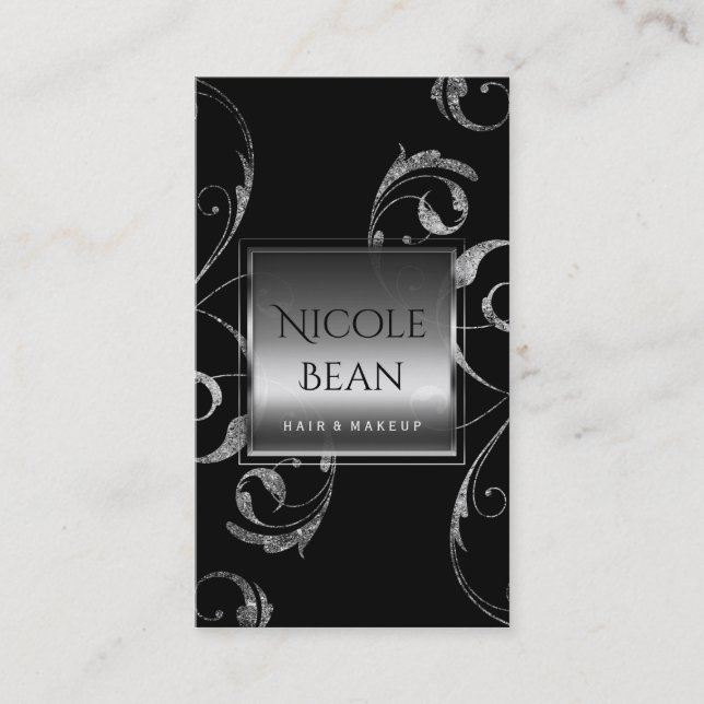 Carte De Visite Black & Faux Silver Glass Floral Swirl Élégant (Devant)