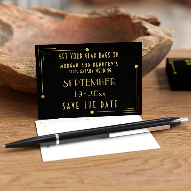 Carte De Visite Black Gold 1920s Déco Mini Mariage Enregistrer les (If your having a Gatsby Wedding, here's some budget business card sized Save the Dates just for you)