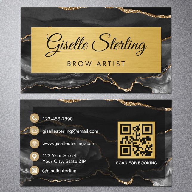 Carte De Visite Black Gold Agate Brow Artist Glitter QR Code (Créateur téléchargé)