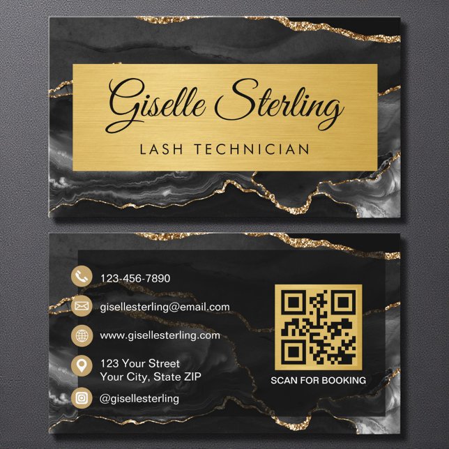 Carte De Visite Black Gold Agate Lash Technician Glitter QR Code (Créateur téléchargé)