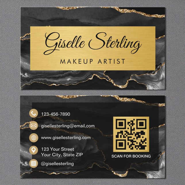 Carte De Visite Black Gold Agate Makeup Artist Glitter QR Code (Créateur téléchargé)