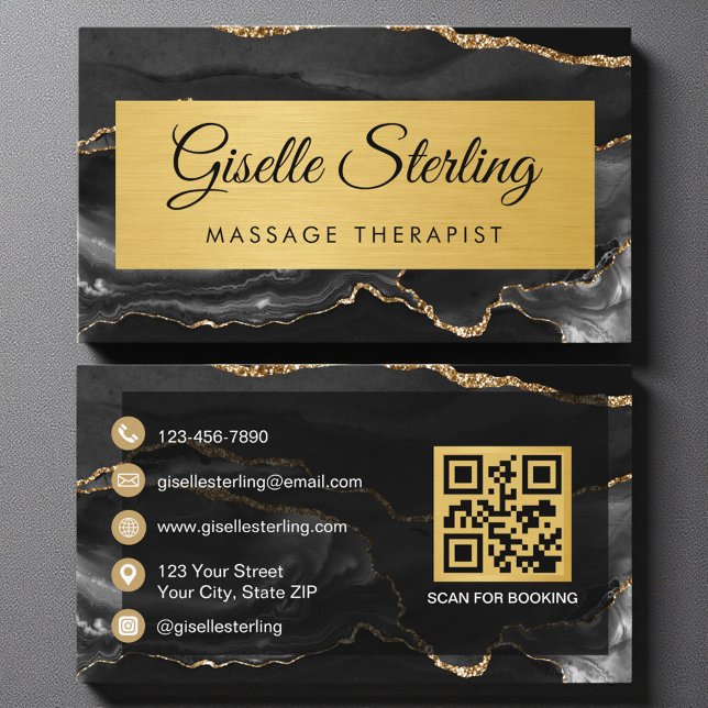 Carte De Visite Black Gold Agate Massage Therapist Glitter QR Code (Créateur téléchargé)
