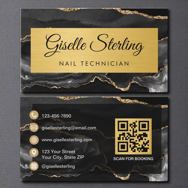 Carte De Visite Black Gold Agate Nail Technician Glitter QR Code (Créateur téléchargé)
