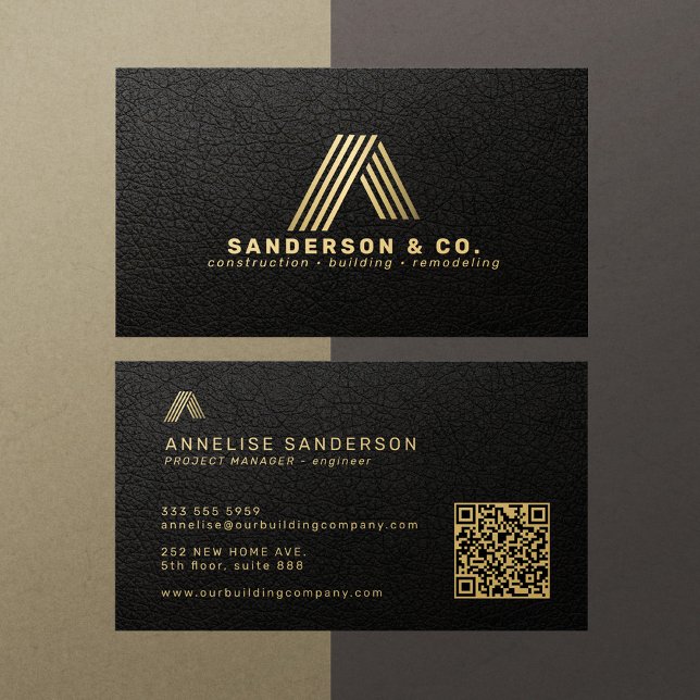 Carte De Visite Black gold custom logo QR building construction (Créateur téléchargé)