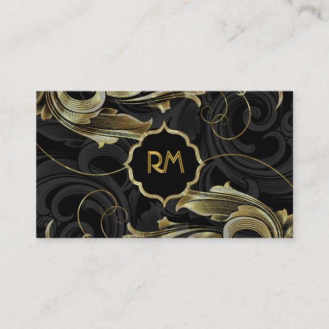 Carte De Visite Black Gold & Diamonds Motif-Élégant floral (Devant)
