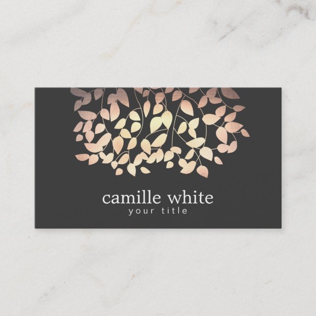 Carte De Visite Black & Gold et rose Foil Look Feuilles Whimsical (Devant)