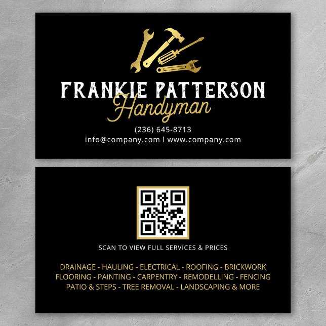 Carte De Visite Black Gold Handyman Repair & Maintenance QR Code (Créateur téléchargé)