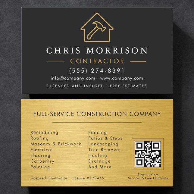 Carte De Visite Black Gold Metal Building Construction QR Code (Créateur téléchargé)