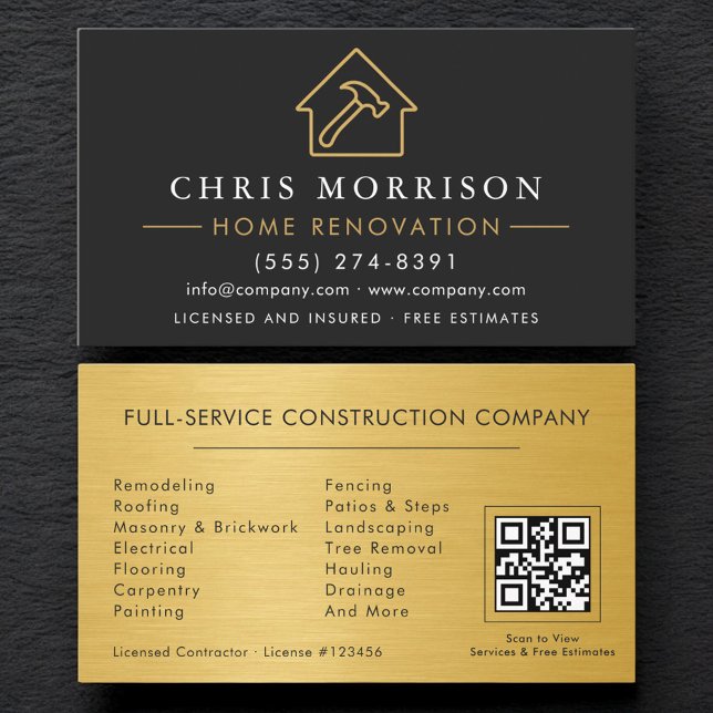 Carte De Visite Black Gold Metal Home Renovation QR Code (Créateur téléchargé)