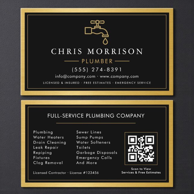 Carte De Visite Black Gold Metallic Plumber Contractor QR Code  (Créateur téléchargé)