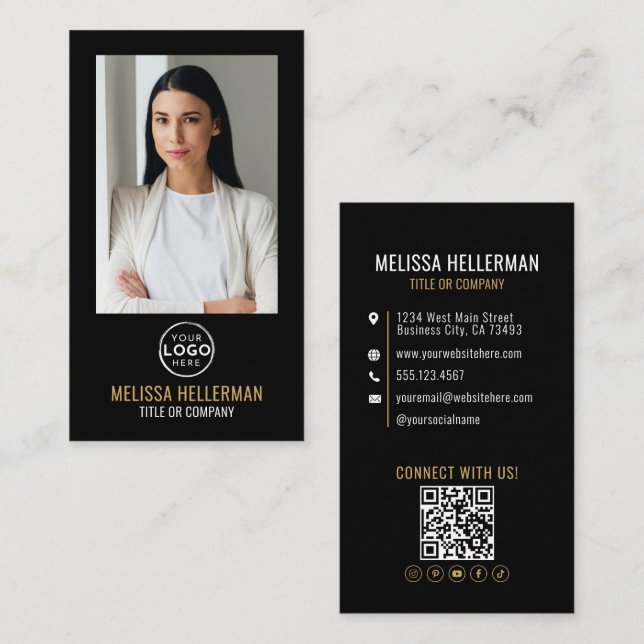 Carte De Visite Black Gold Minimalist Photo QR Code Logo (Devant / Derrière)