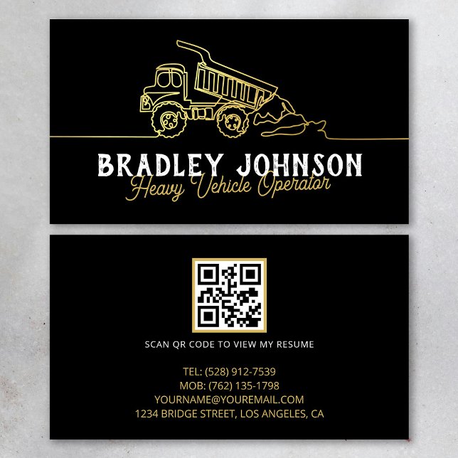 Carte De Visite Black Gold Modern Heavy Vehicle Operator QR Code (Créateur téléchargé)