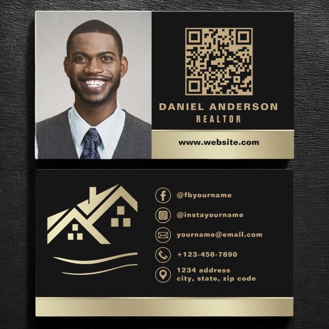 Carte De Visite Black Gold QR Code Photo Réalisateur immobilier (Créateur téléchargé)