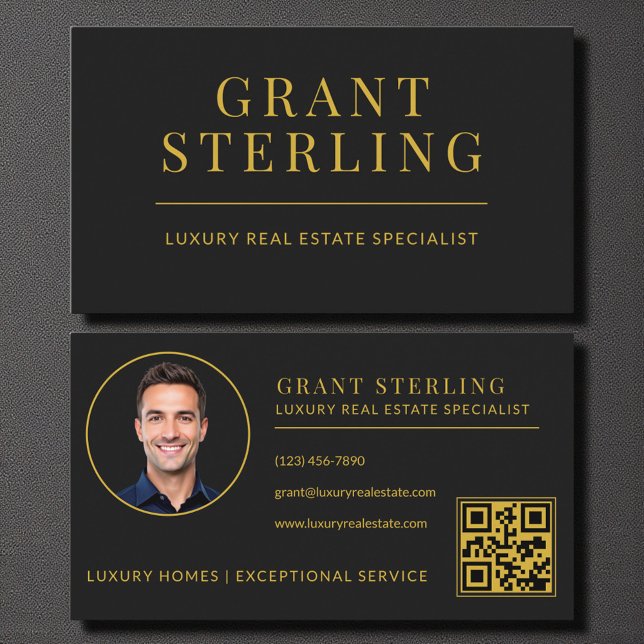 Carte De Visite Black Gold Real Estate Agent QR Code (Créateur téléchargé)