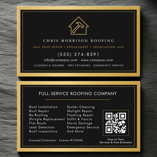 Carte De Visite Black Gold Roofing Construction Services QR Code (Créateur téléchargé)