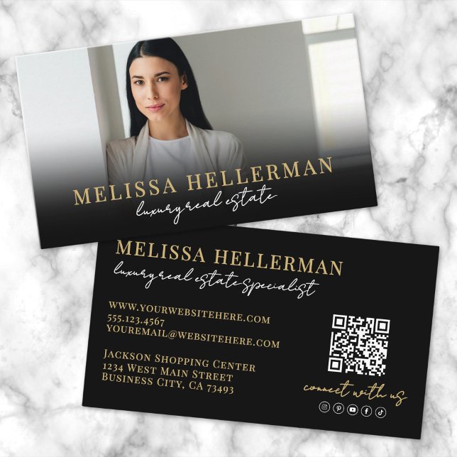 Carte De Visite Black Gold Script Luxe Immobilier (Black Gold Script Luxury Real Estate Business Card)