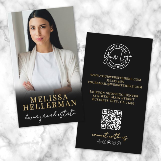 Carte De Visite Black Gold Script Luxe Immobilier Photo (Black Gold Script Luxury Real Estate Photo Business Card)