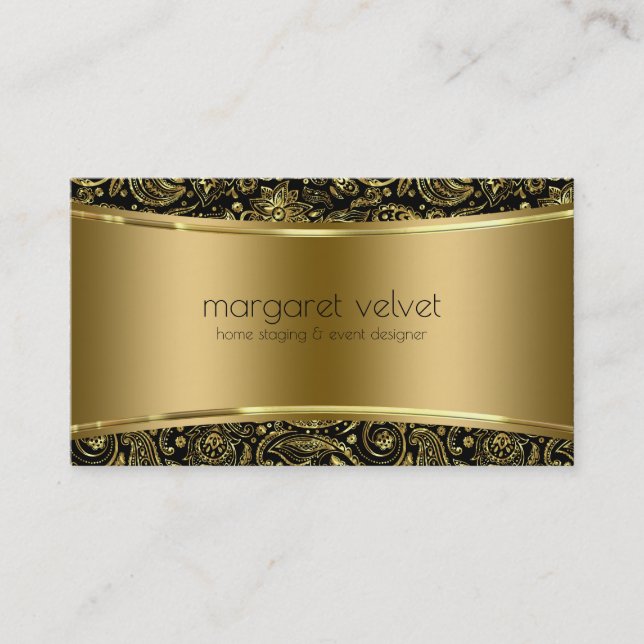 Carte De Visite Black & Gold Texture & Motif Paisley (Devant)