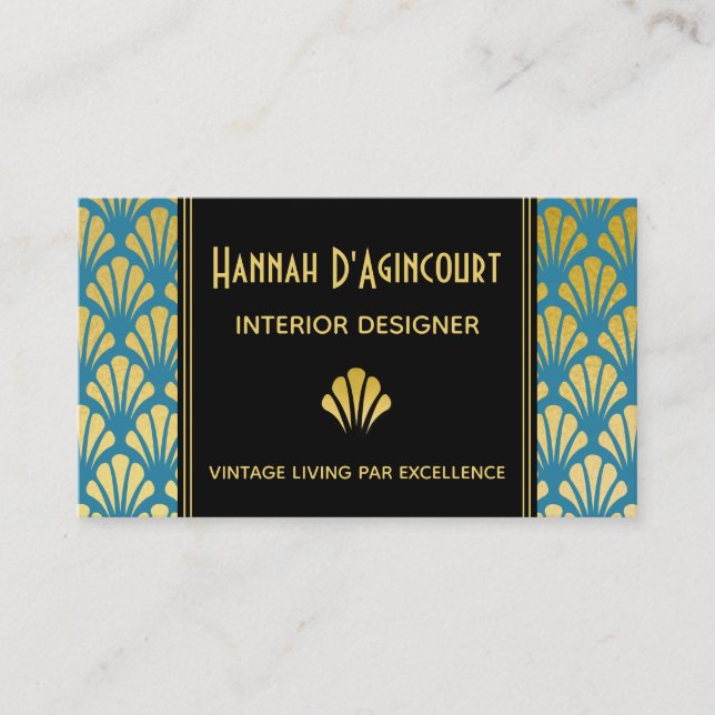 Carte De Visite Black, Gold, Turquoise Art Déco Fans Motif Chic (Devant)