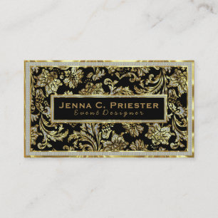 Carte De Visite Black Gold & White Faux Parties scintillant Floral