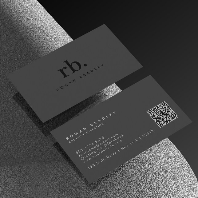 Carte De Visite Black Gray Minimal Monogram Qr Code Professional (Créateur téléchargé)